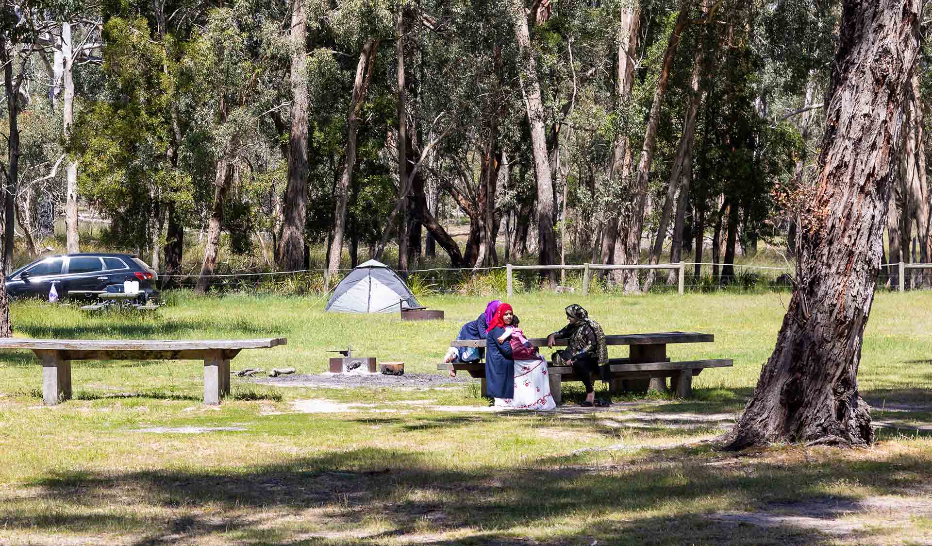 A small number of women sit at picnic tables at Middle Creek Camping Area at Mount Buangor State Park