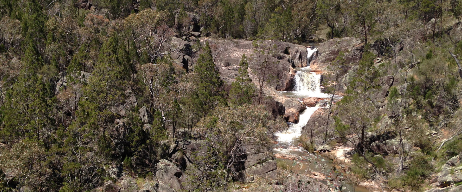 A cascading waterfall runs down a rocky landscape surrounded by native foliage