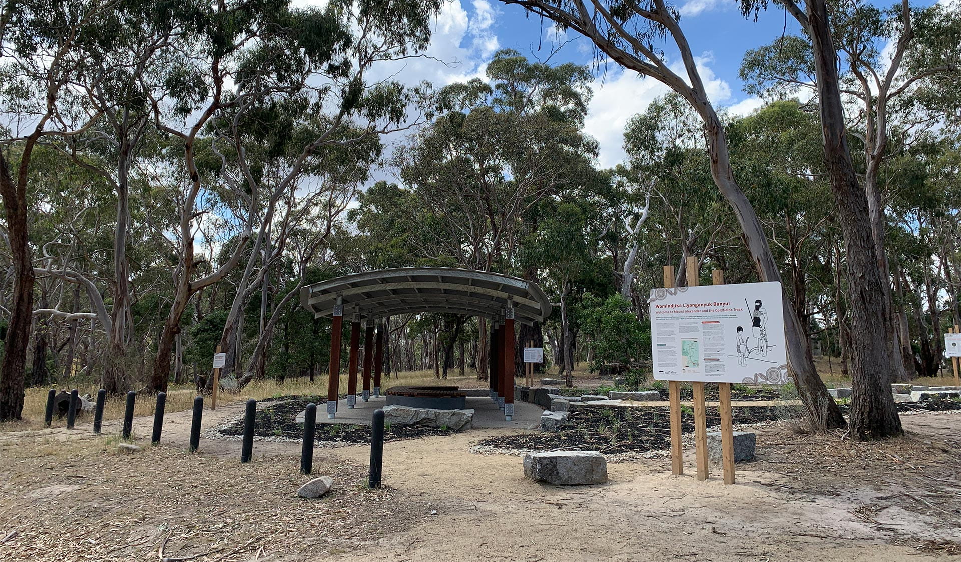 Shelter and signage at Leanganook Camping Area, Mt Alexander Regional Park.