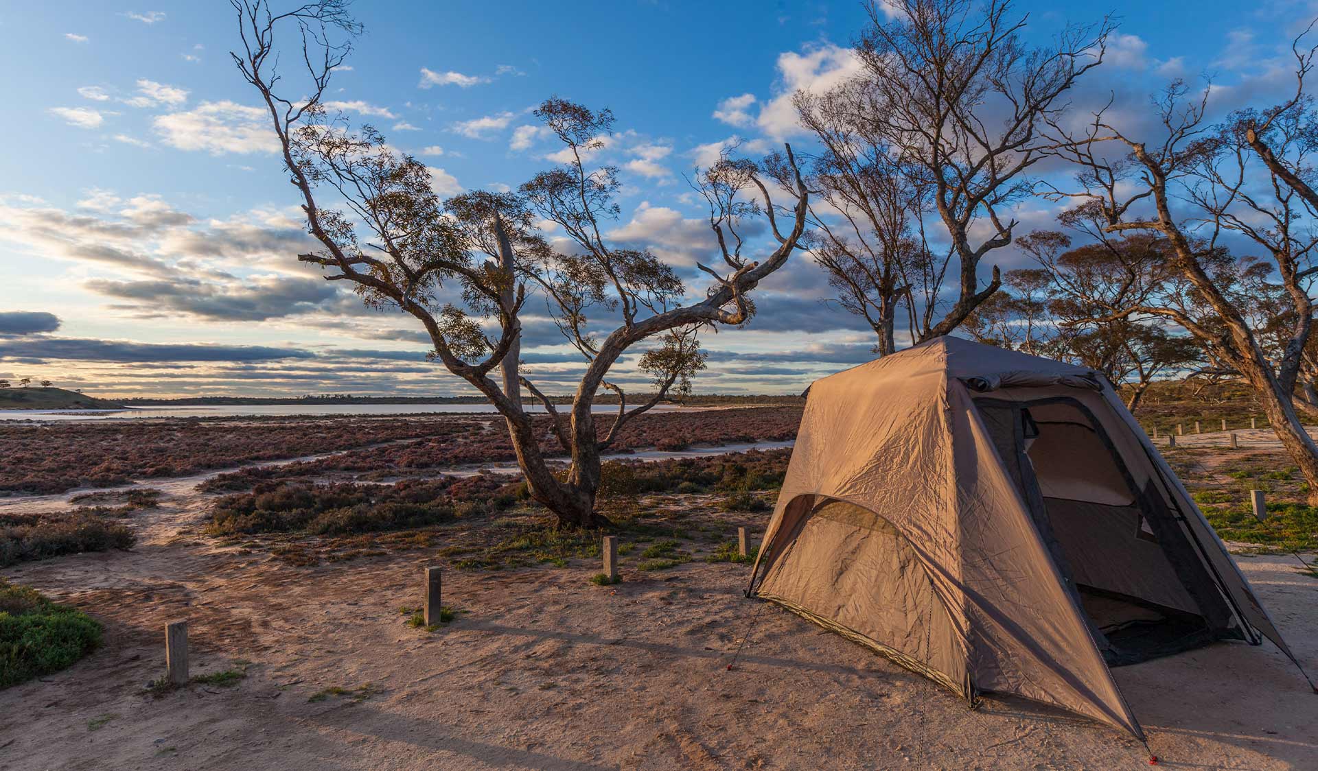A tent set up on the shores of Lake Crosbie at Murray Sunset National Park
