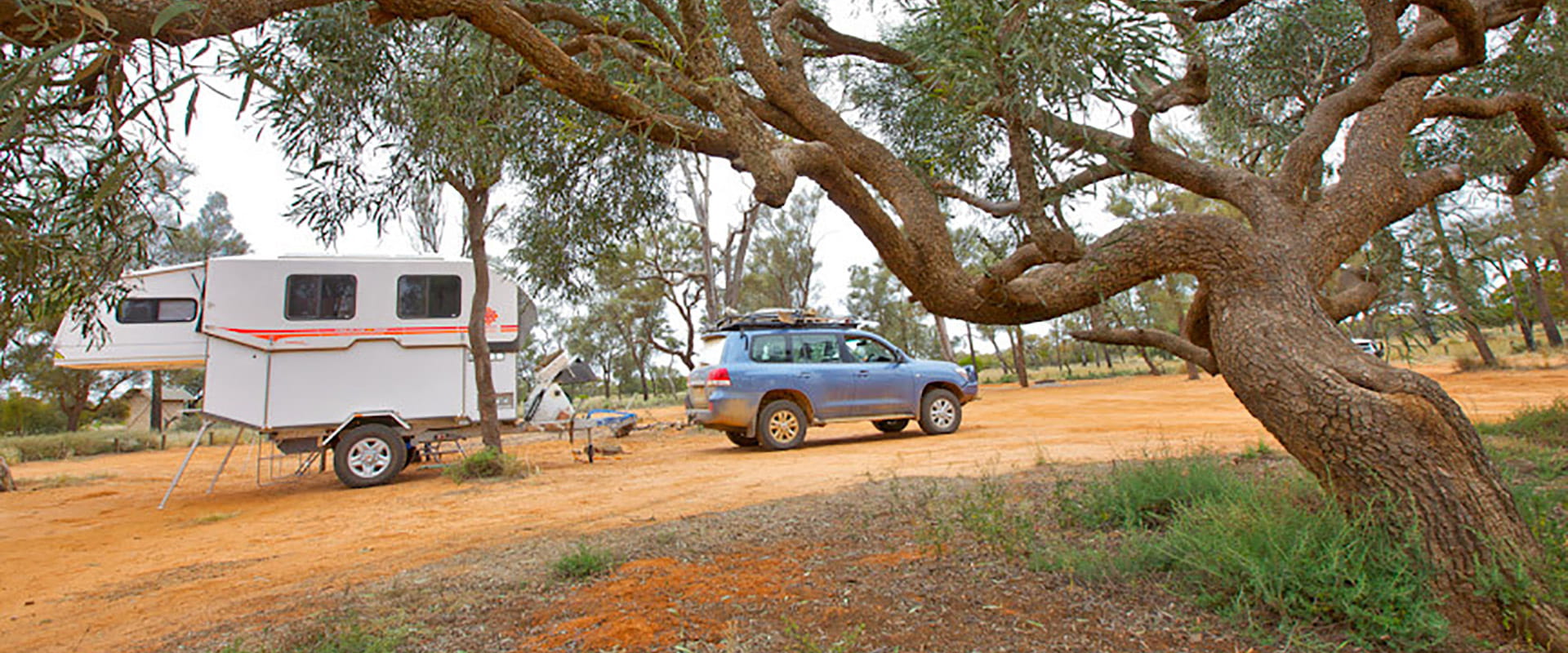 A white camper trailer attached to a blue SUV with a tree in the foreground.