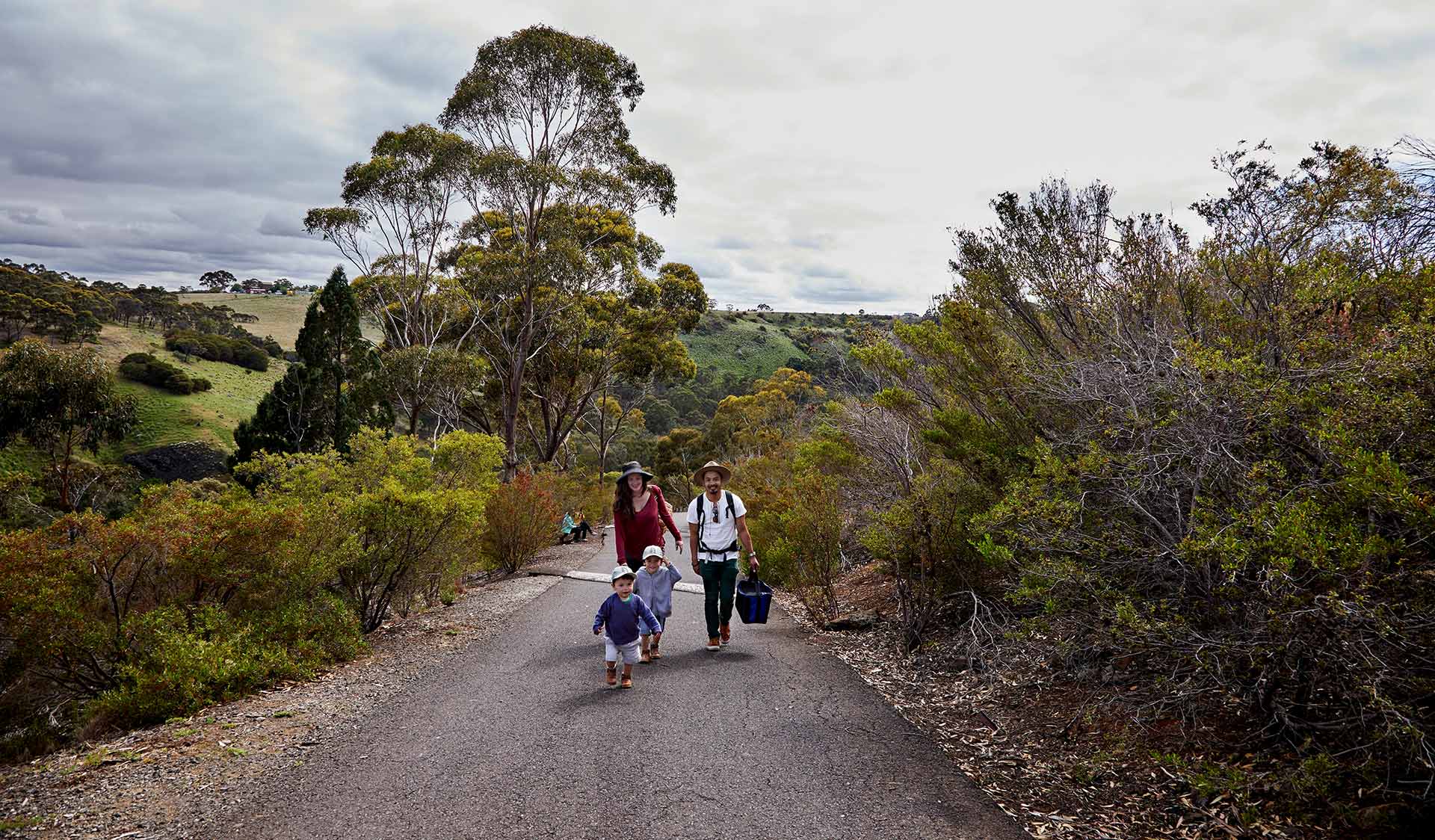 A family walk through the Organ Pipes National Park on the way to a picnic spot.