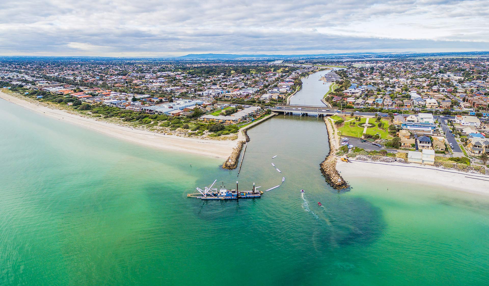 An aerial view of the mouth of the Patterson River