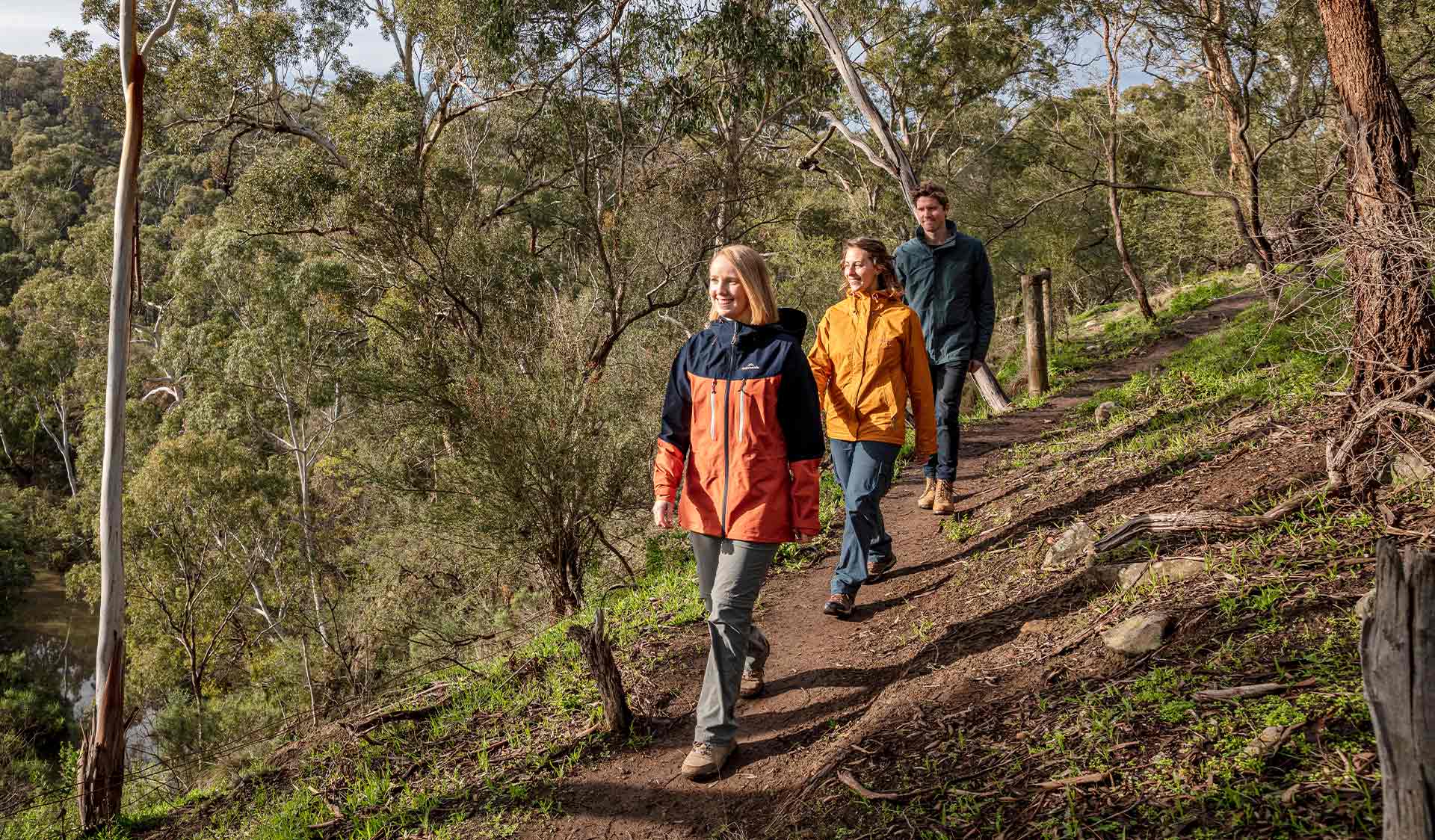 Three friends walk through Plenty Gorge near Nioka Bushcamp