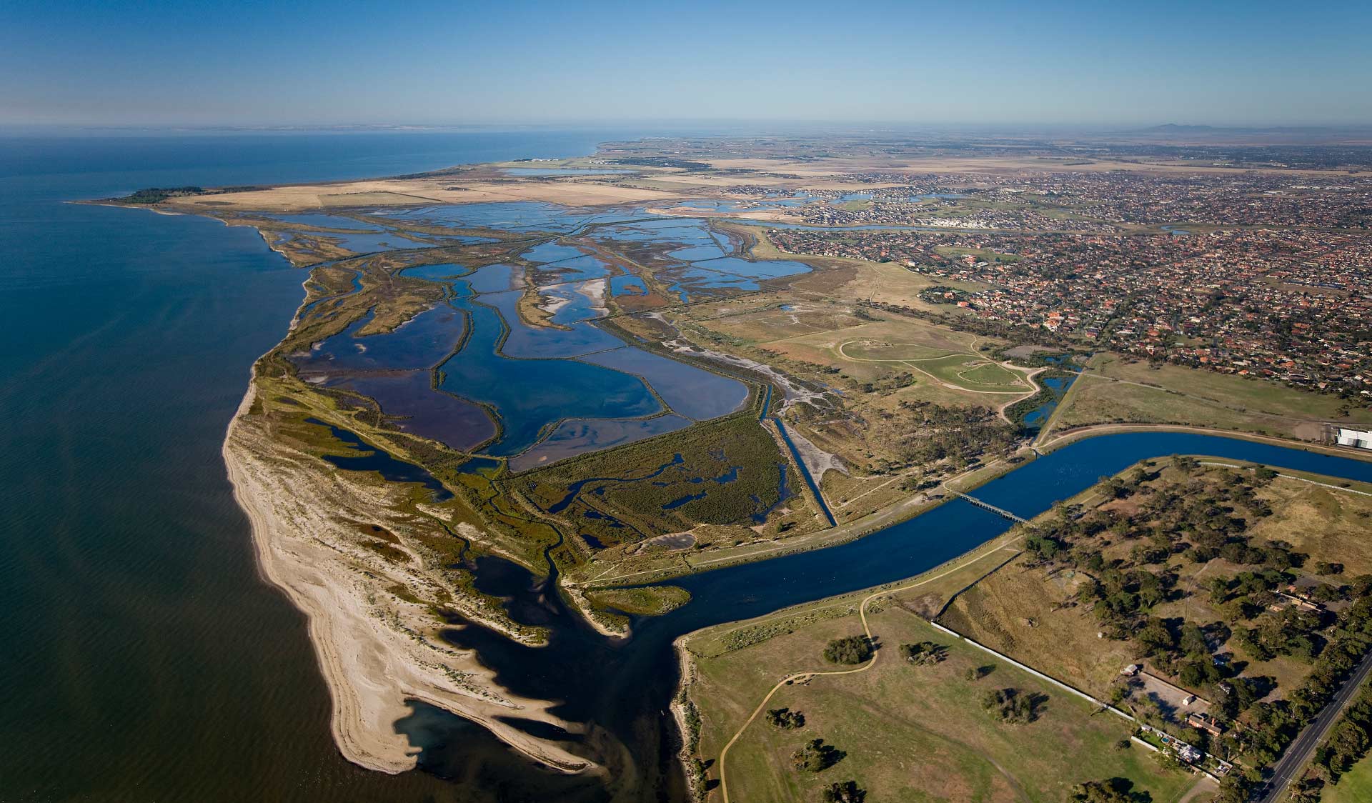 An aerial view of the Chatham Wetlands at Point Cook Coastal Park