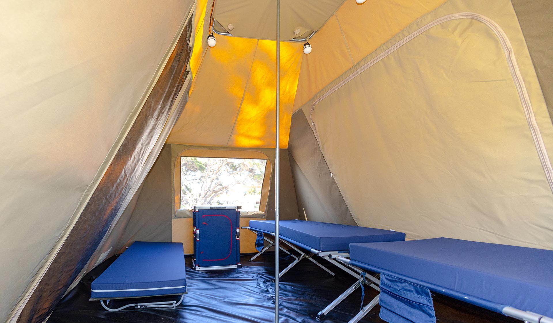 The inside of an established tent. Single stretcher beds are inside. 