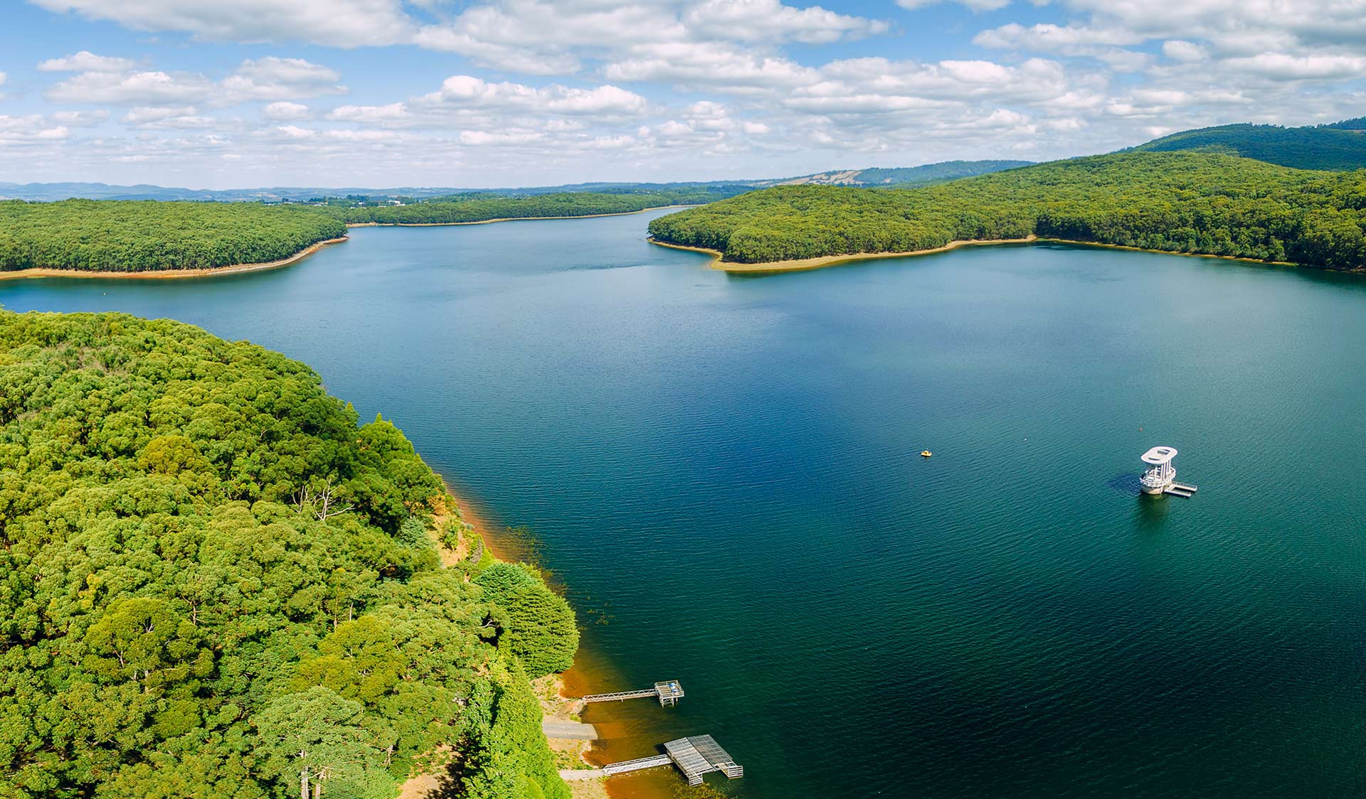 An aerial image of Silvan Reservoir