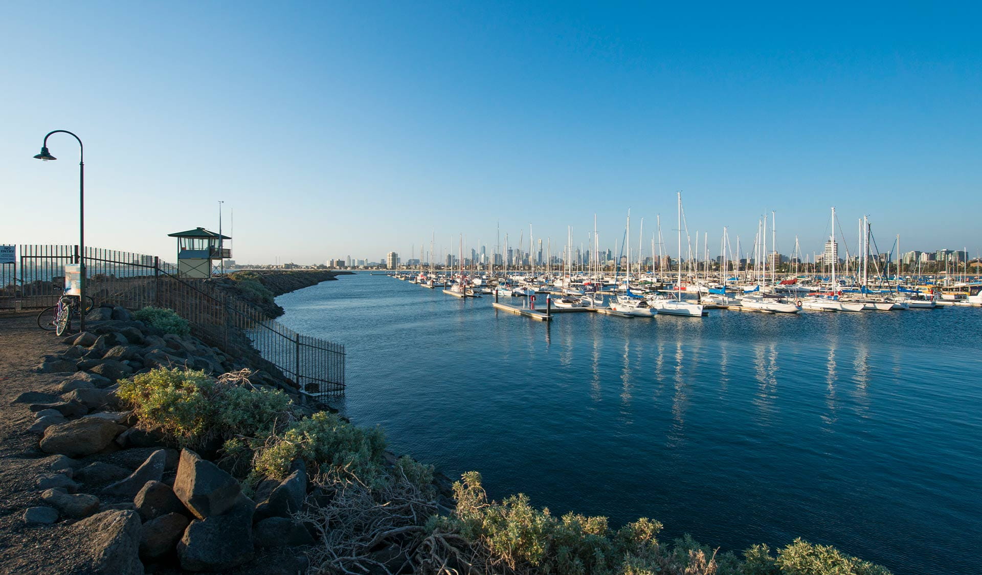 Yachts moored at St Kilda Pier and the Breakwater.