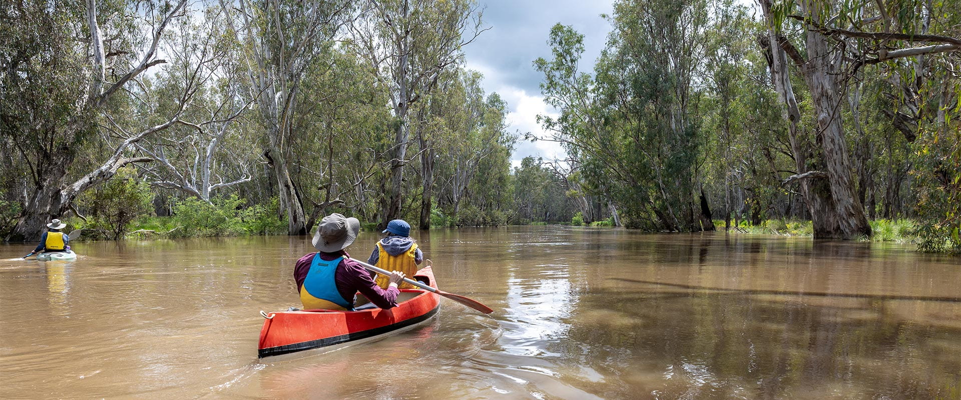 A couple canoe down the Lower Ovens river in the Warby-Ovens National Park