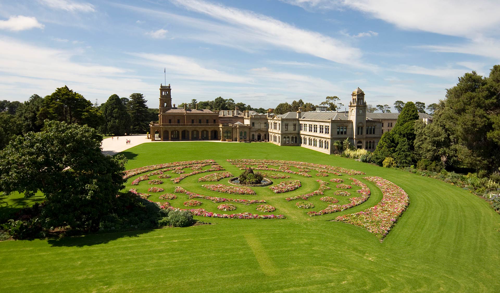 An aerial view of Werribee Mansion and its surrounding gardens.