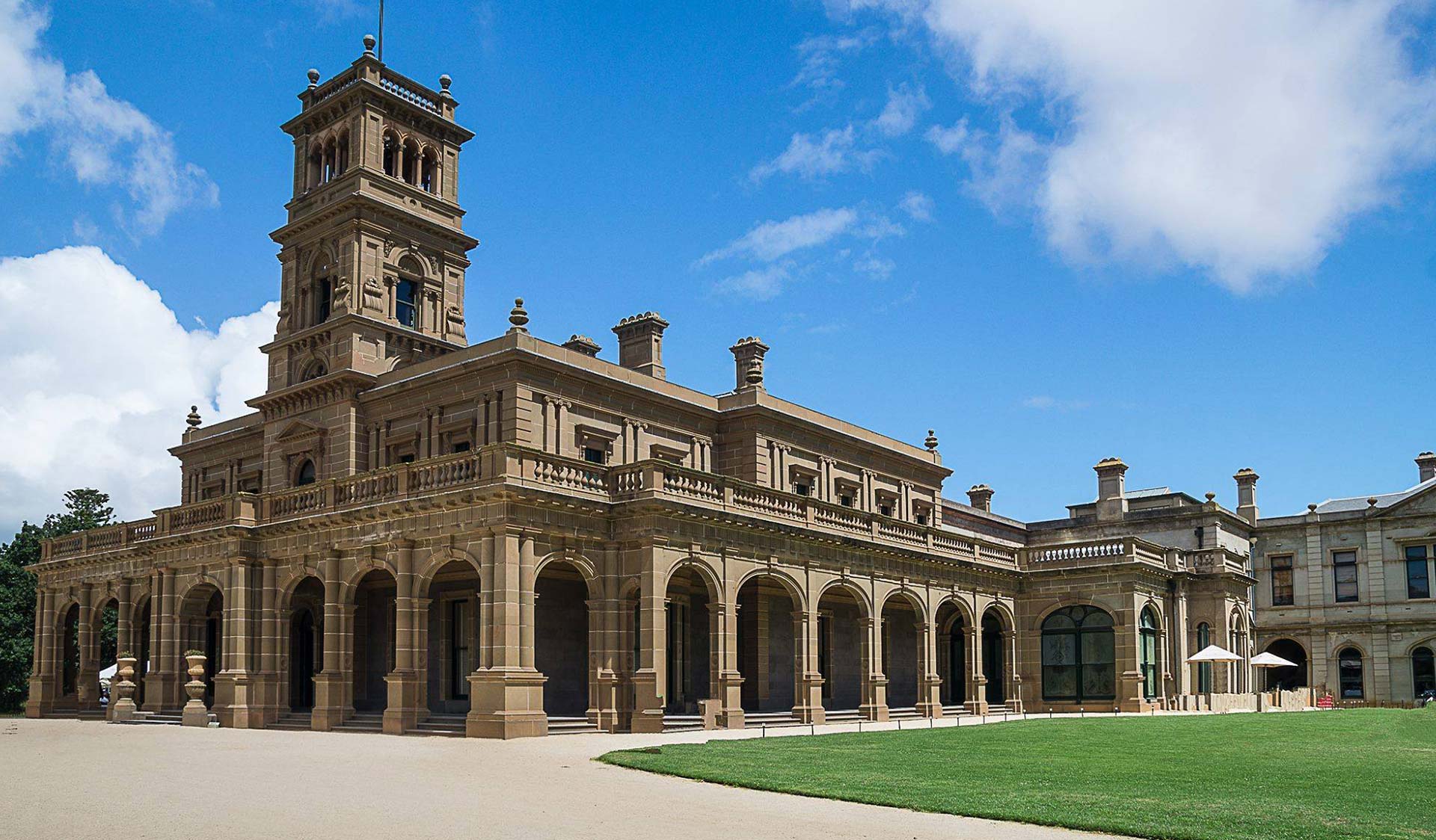 The facade of the historic Werribee Park Mansion. 