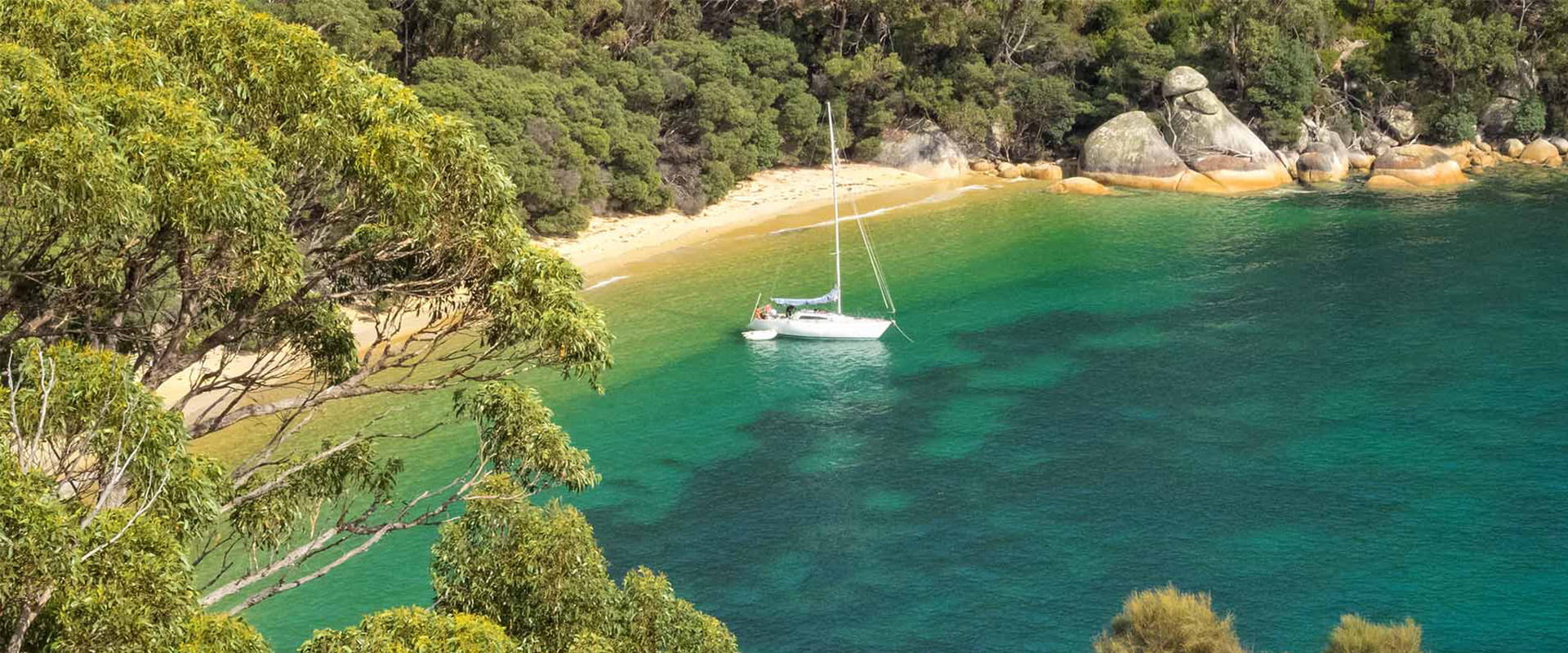 A yacht is anchored in an emerald green bay by a remote beach surrounded by dense trees and a pristine beach