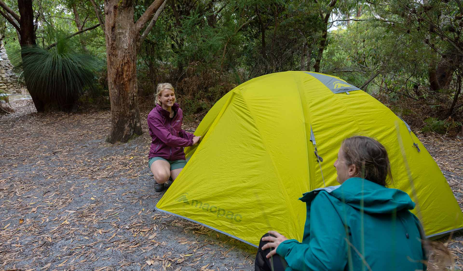 Two hikers set up a yellow tent near Halfway Hut on the Southern Circuit hiking trail at Wilsons Promontory National Park