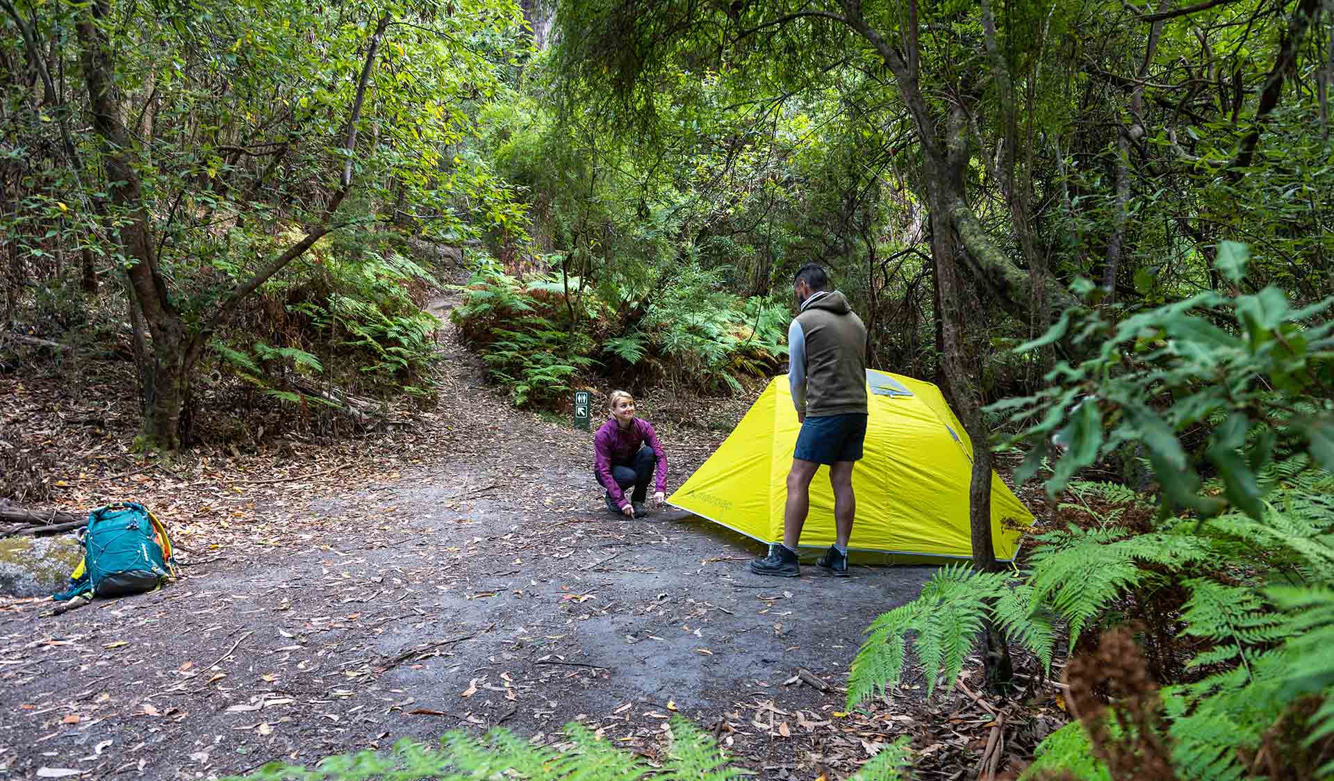 A man and women set up a yellow tent at Roaring Meg on the Southern Circuit hiking trail at Wilsons Promontory National Park