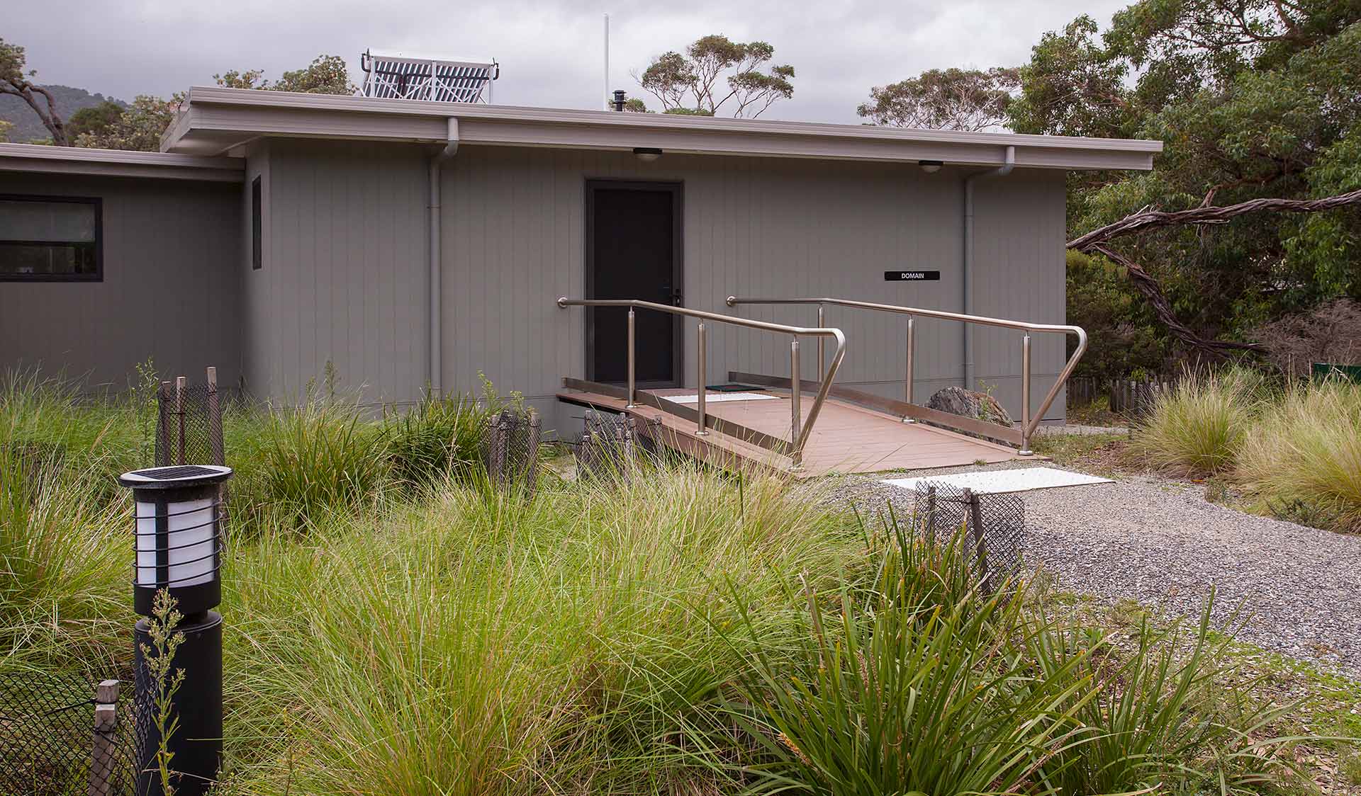 The entrance, including low angle ramp, to the accessible unit in Tidal River at Wilsons Promontory National Park 