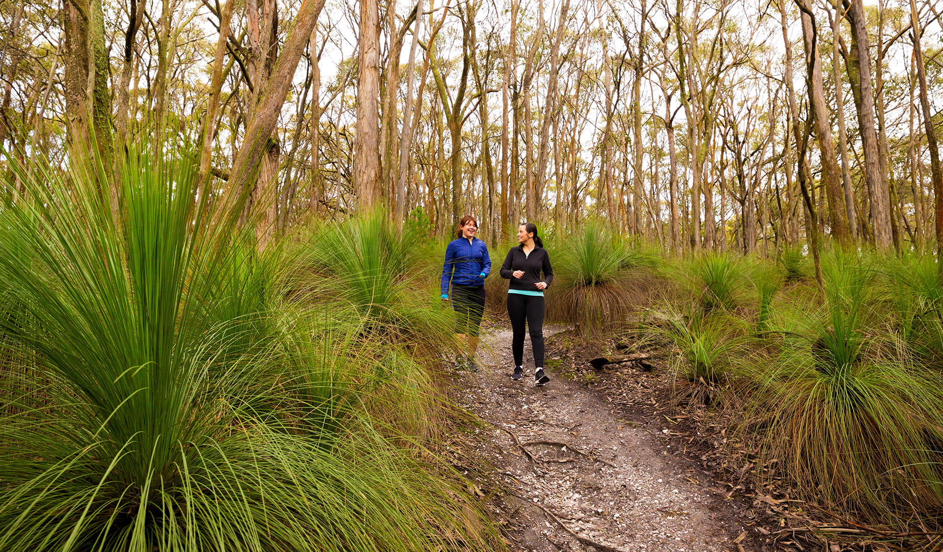 Two women walking along a path through trees and grasses.