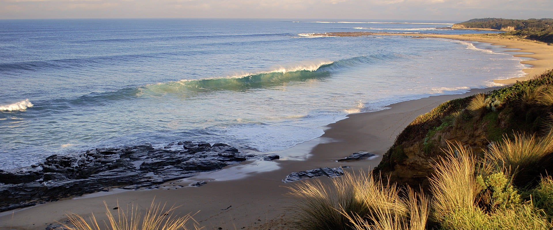 A view on the side of a coastal dune that overlooks a coastline with breaking waves and an isolated beach on a sunny afternoon