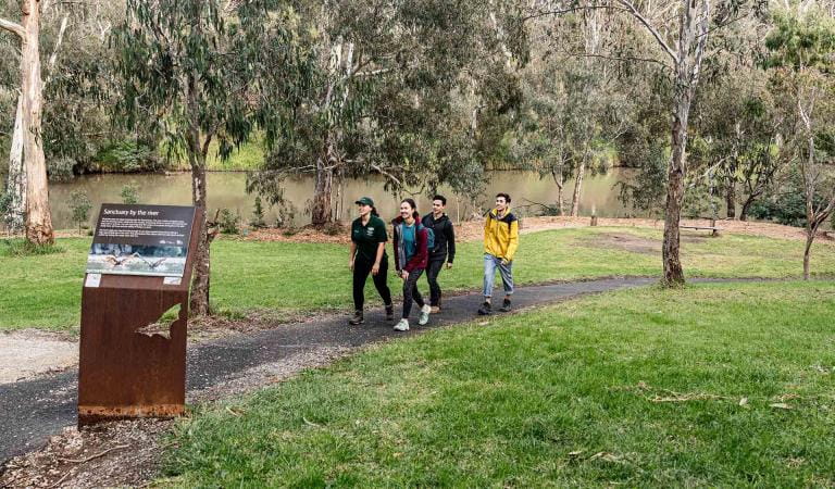 A group take a volunteer led tour through the Flying Fox environments on the banks of the Yarra River in Yarra Bend Park