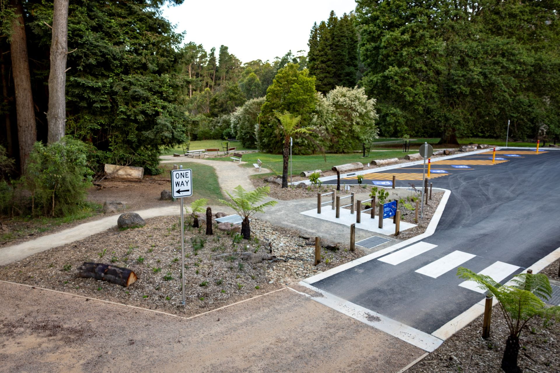 A view of the pedestrian crossing and accessible car parks along the entrance to the Redwood Forest. 