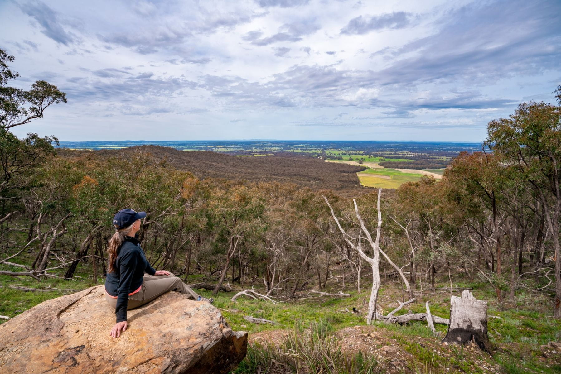A person sitting on a boulder looking out at  grasslands and trees.