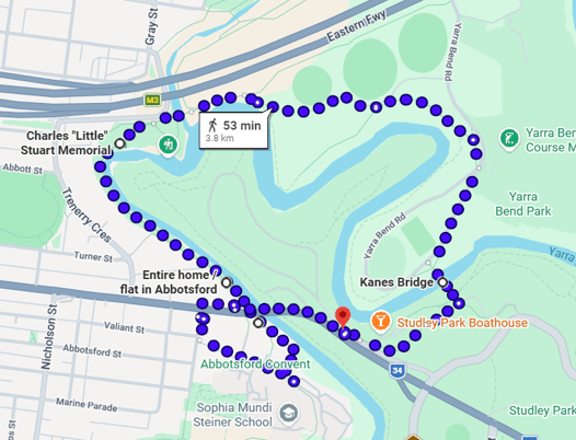 A map of Yarra Bend Park with an alternate route highlighted in blue dots to avoid Kanes Bridge. 