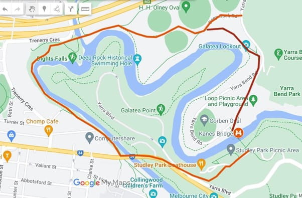 A map of Yarra Bend Park with an alternate route highlighted in red to avoid Kanes Bridge. 