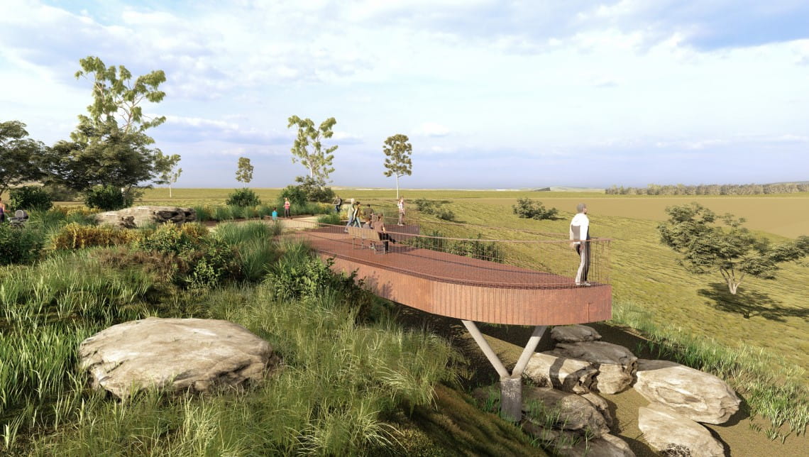 AI render of park visitor standing at Carome Lookout looking out into the park