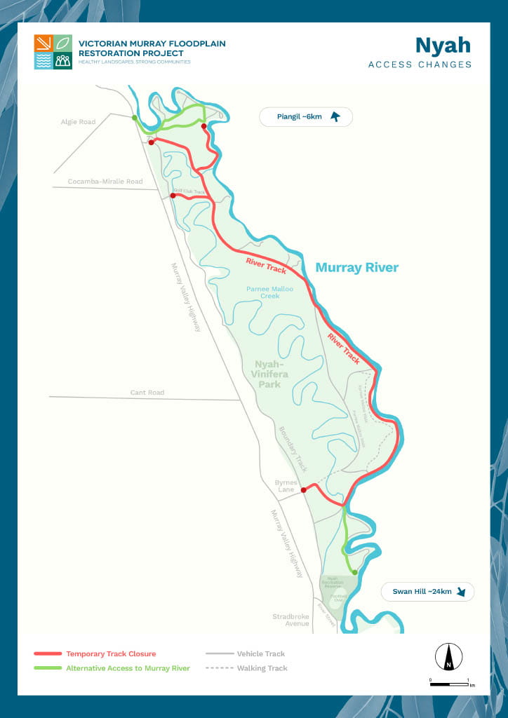 An infographic map of road closures in Nyah. 
