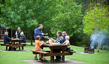 A family enjoys a barbecue at Buchan Caves Reserve. In the background, a park ranger speaks to a couple at another table. 