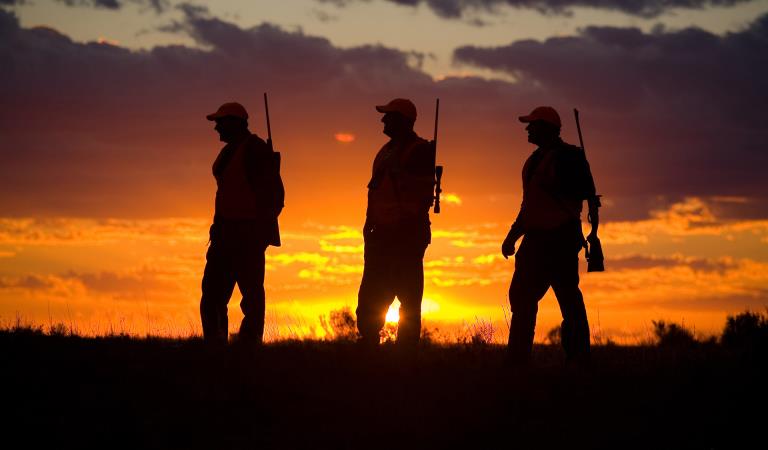 Three hunters silhouetted at sunset.