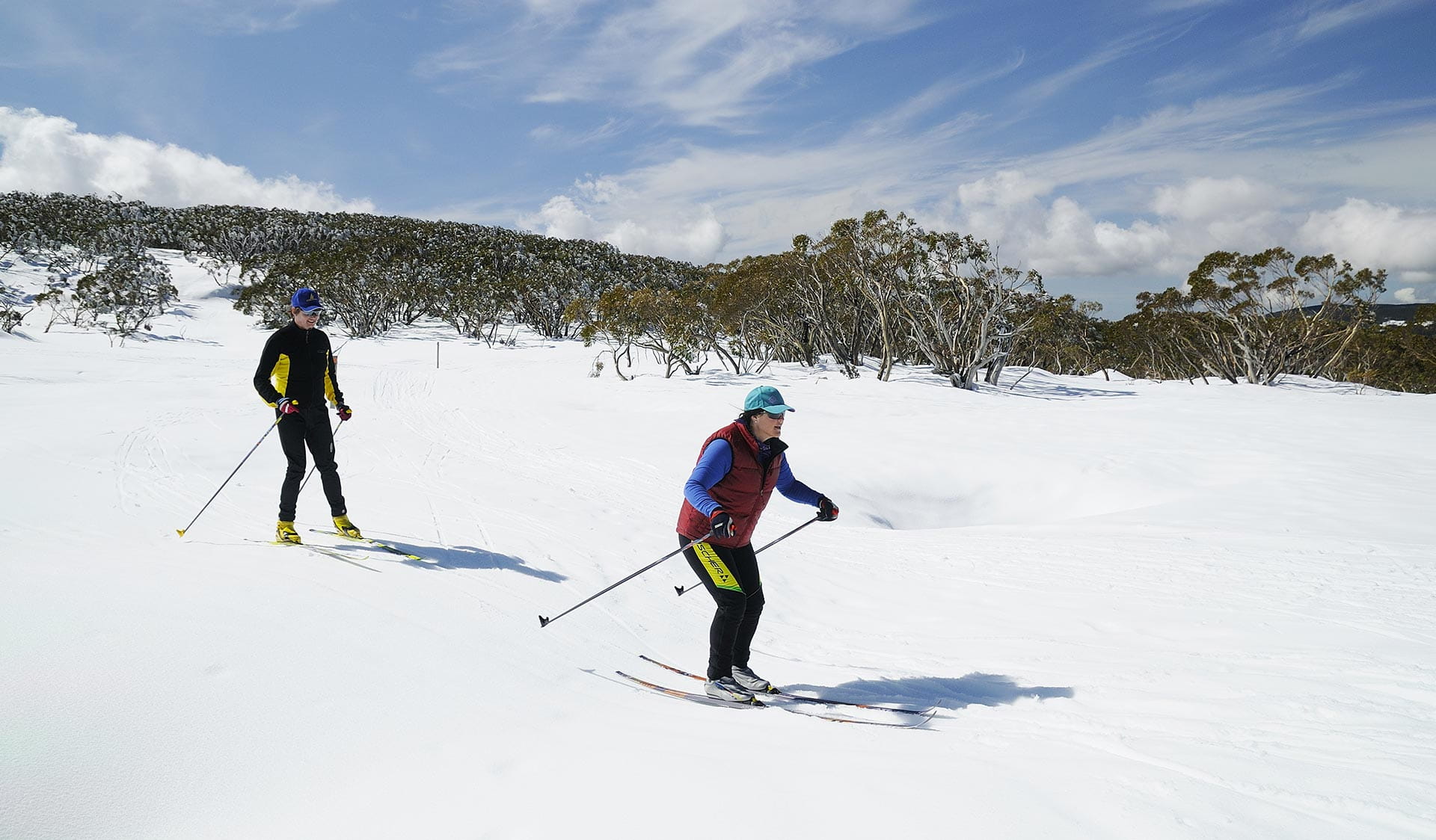 2 friends cross-country ski in the Baw Baw National Park.