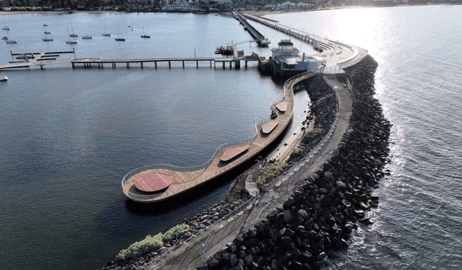 Bird’s eye view of St Kilda Pier in the daytime.