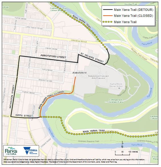 Map of recommended detour route for Main Yarra Trail users during the works to construct the Gipps Street Ramp.