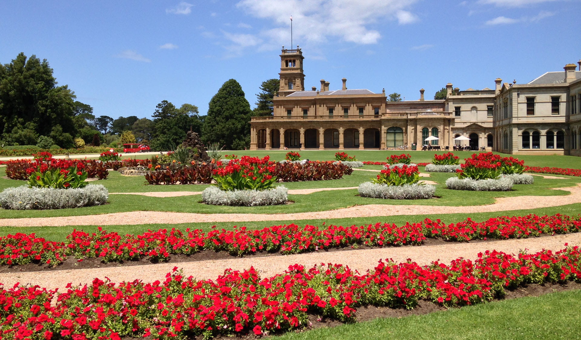 Flowers and mansion at Werribee Park