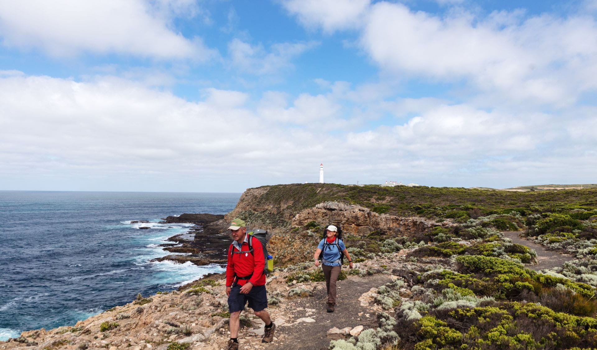 Walkers hiking along the Great South West Walk in Cape Nelson Lighthouse Reserve