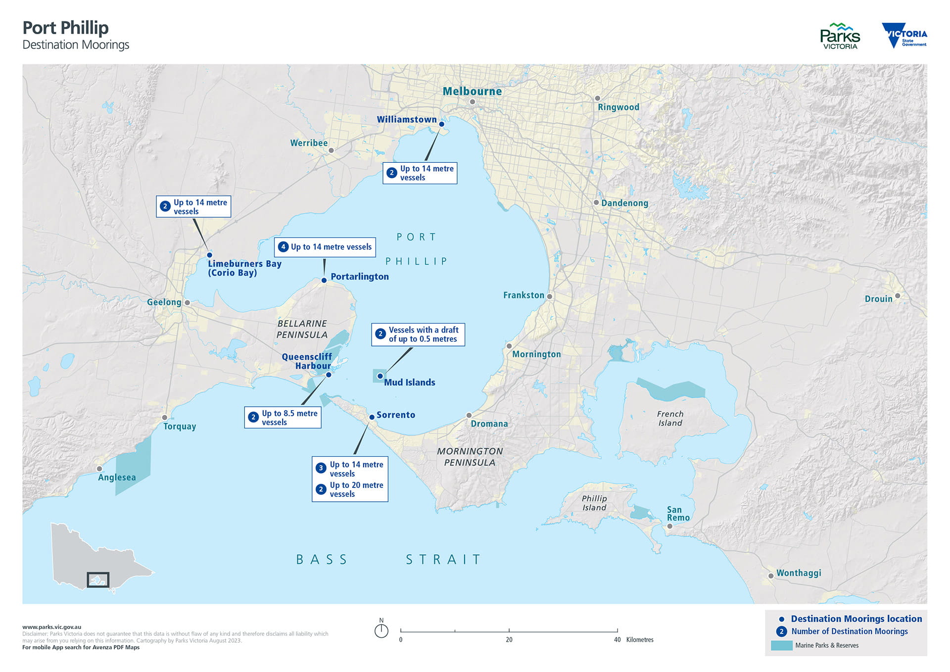 Map of destination moorings in Port Phillip
