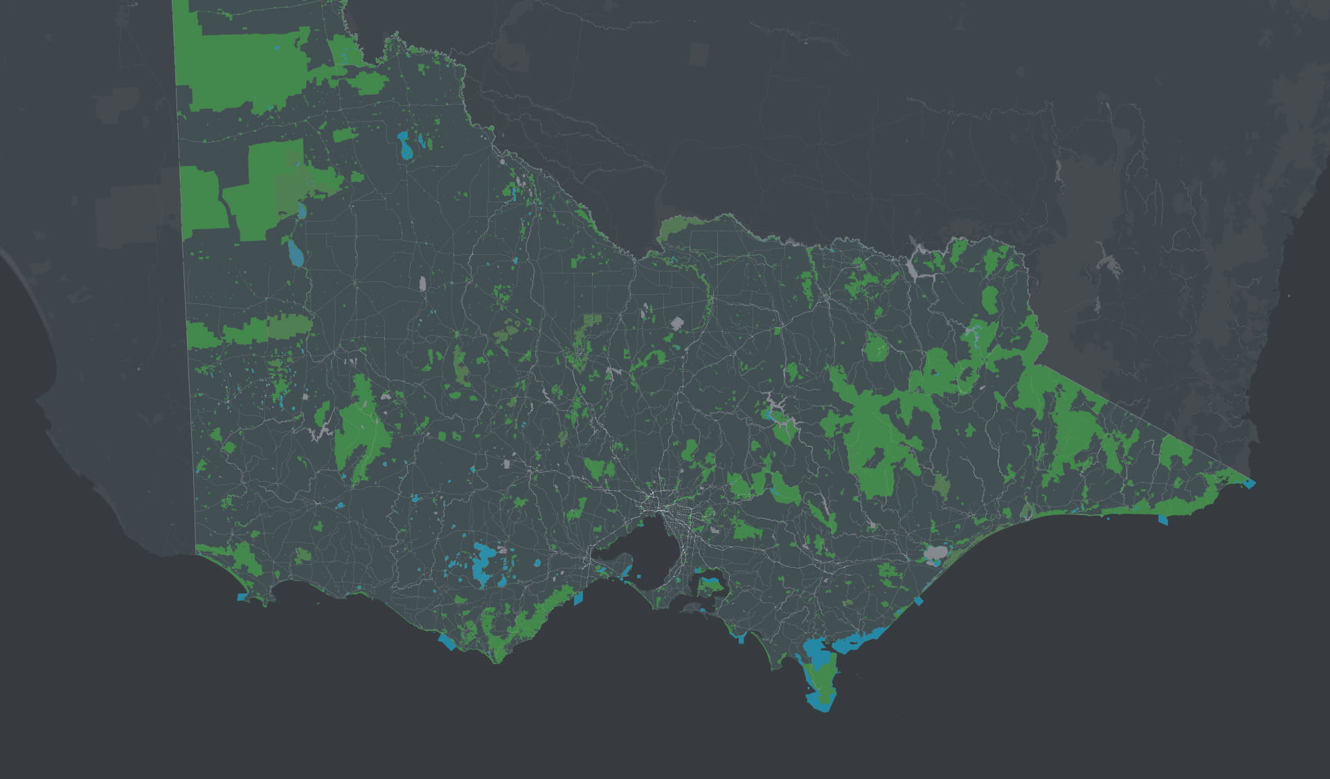 Stylised green and grey map of Victoria.